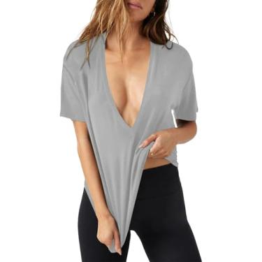 Imagem de Tankaneo Camisetas femininas sexy de verão com decote em V profundo e manga curta, casual, caimento solto, Cinza, XXG