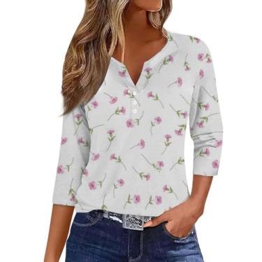 Imagem de Camiseta feminina de verão com estampa floral Henley blusas folgadas manga três quartos camiseta casual de férias, Bege, M