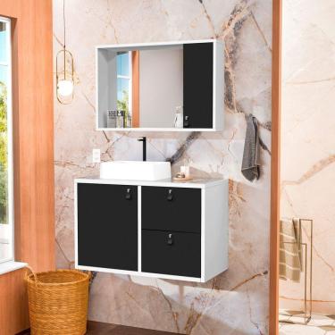 Imagem de Conjunto Gabinete para Banheiro com Cuba de Sobrepor, Tampo de Vidro e Espelheira Toro 80 Vd Branco / Preto Fosco