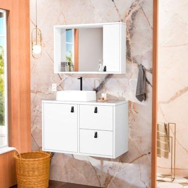 Imagem de Conjunto Gabinete para Banheiro com Cuba de Sobrepor, Tampo de Vidro e Espelheira Toro 80 Vd Branco