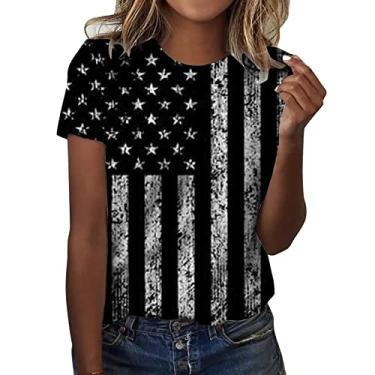 Imagem de Camiseta feminina com bandeira americana patriótica, túnica de manga curta, caimento solto, gola redonda, Memorial Day, 4 de julho, Preto, P