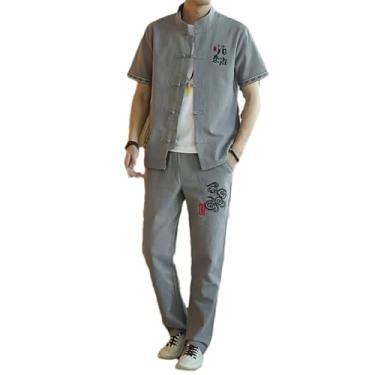 Imagem de Roupa masculina de verão Tang Suit de algodão e linho estilo chinês camisa de manga curta + calça conjunto de 2 peças, Cinza, XXG