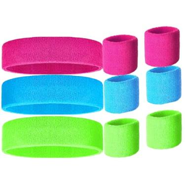 Imagem de Faixas de suor neon dos anos 80, faixas de cabeça e pulseiras de neon, faixas de suor cores brilhantes, festa dos anos 80, faixa de suor para mulheres, conjunto de faixas de suor coloridas rosa azul