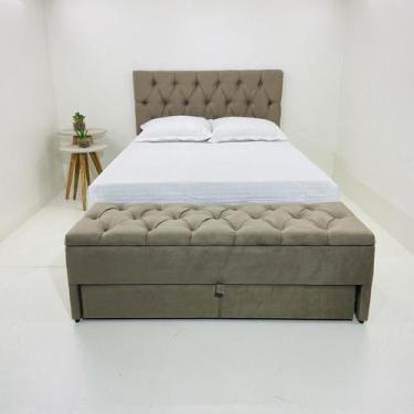 Imagem de Kit Baú Gaveta e Cabeceira King Na Cor Bege 195x60cm Botões na Mesma C