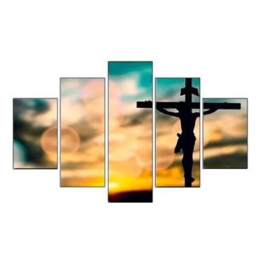 Imagem de Painel Quadro Mosaico Par Sala 5 Partes Jesus Cristo Na Cruz - Mr Deco
