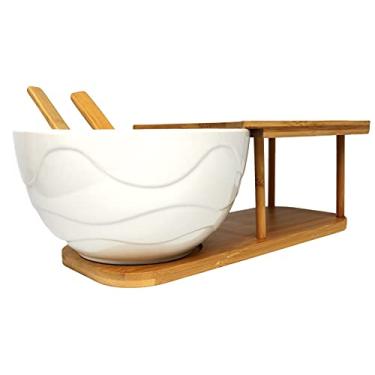 Imagem de Tigela de cerâmica com utensílios de servir e suporte de exibição de bambu – Conjunto de tigela de salada com suporte e servidor de bambu – Rack de recipiente de armazenamento de madeira