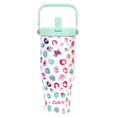 Imagem de Zukro Copo de 1,134 g com canudo flip, garrafa de água isolada de aço inoxidável à prova de vazamento com alça superior cabe no suporte de copo para esportes, ao ar livre, sem suor, mantém as bebidas