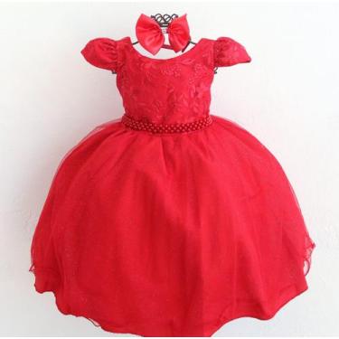 Imagem de Vestido Festa Ifantil Vermelho Natal Renda Princesa E Tiara - Pingo De