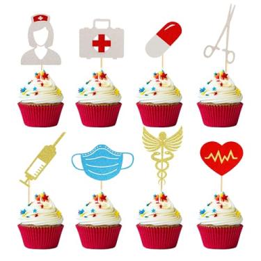 Imagem de Arthsdite 24 peças de topos de cupcake de enfermagem graduação de enfermeira palhetas de bolo temáticas com pílula bisturi máscara coração para decorações de bolo de festa com tema médico Rn