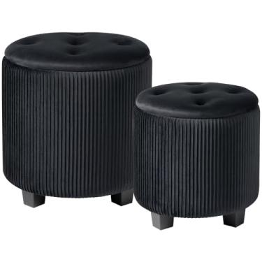 Imagem de BLEXA Grande otomano redondo com conjunto de 2, banquinho estofado de veludo para maquiagem, multifuncional, descanso para os pés, mesa de centro, assento acolchoado, otomanos tufados para sala de