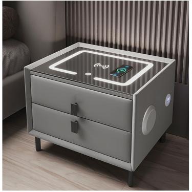 Imagem de Mesa de cabeceira redonda moderna e minimalista italiana de madeira maciça com gavetas de armazenamento, mini mesa de cabeceira cinza para sofá de quarto/mesa de centro de madeira moderna -