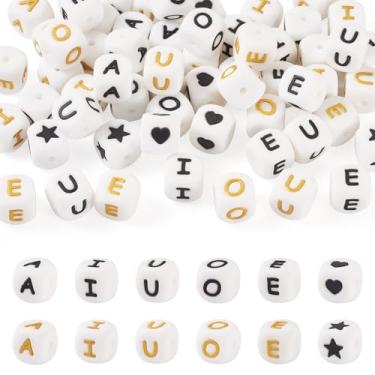Imagem de Boutigem 60 peças de contas de silicone de cubo branco de letra vogal 12 x 12 mm A/E/I/O/U alfabeto quadrado contas focais de silicone estrela coração cubo contas de borracha contas espaçadoras para