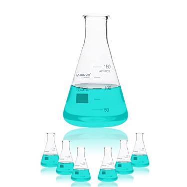 Imagem de LABINVO- Frasco Erlenmeyer de vidro de 150 ML, frasco cônico graduado de boca estreita com ponto de marcação, conjunto de 6 frascos de vidro de borosilicato 3,3, IN-EFN150
