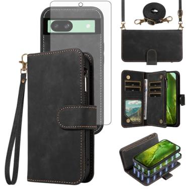 Imagem de Asuwish Capa de celular para Google Pixel 8A 5G com zíper carteira magnética destacável com protetor de tela de vidro temperado alça transversal alça flip porta-cartões Pixel8A A8 mulheres meninas