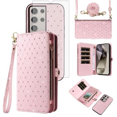 Imagem de Asuwish Capa de celular para Samsung Galaxy S24 Ultra 5G Carteira com zíper destacável com protetor de tela de vidro temperado, alça flip com glitter, compartimento para cartão S24Ultra 24S S 24