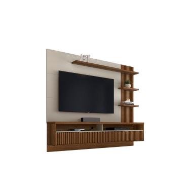 Imagem de Painel Suspenso Detalhe Ripado Sala Estar TV Até 65 Polegadas 3 Prateleiras 2 Portas Basculante Araruna