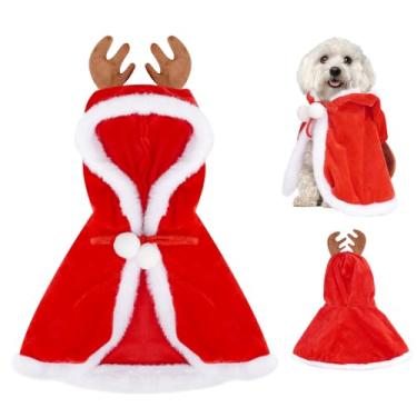 Imagem de Capa de veludo de Natal, fantasia de Papai Noel com chifres de alce, chapéu de Papai Noel, rena, roupa de cachorro com capuz, capa para cães pequenos, gatos, capa de cachorrinho