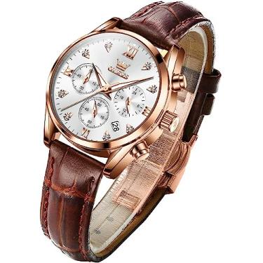 Imagem de OLEVS Relógios femininos, pulseira de couro marrom, analógico, quartzo rosa, ouro, multifunções, cronógrafo, diamante, à prova d'água, luminoso, ouro rosa e branco, relógio social