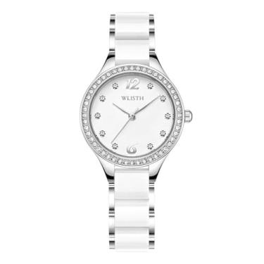 Imagem de FANMIS Relógio feminino fashion luxuoso com strass branco de cerâmica à prova d'água relógio elegante, Prata, Clássico