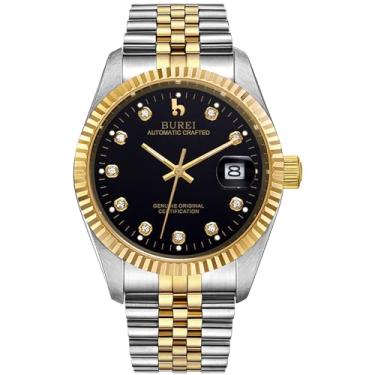 Imagem de BUREI Relógio masculino de luxo automático, moderno, à prova d'água, relógio mecânico, pulseira ajustável de dois tons de aço inoxidável, Dourado, preto, Relógio automático, corda automática