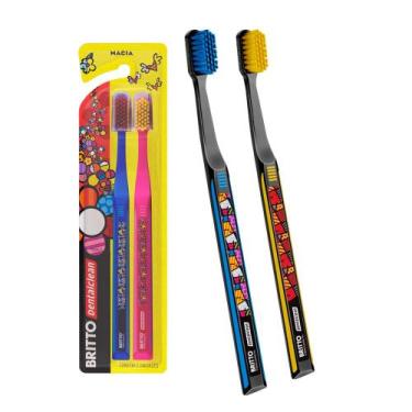 Imagem de Pack 2 Escovas Dentais Macia Fina Soft Kit Romero Britto Dentalclean