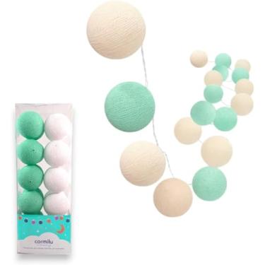 Imagem de Cordão de Bolinhas Variados Tamanhos e Cores, Branco, Rosa, Azul, Verde, Amarelo, Para Festa e Quarto Infantil, Luminária LED Bivolt Pilha, 10, 20 e 35 Luzes (Verde e Branco, 20 Bolas (2.8m))