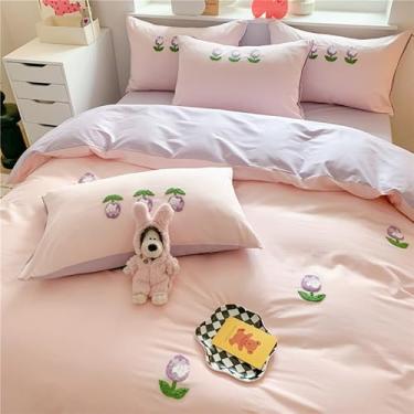 Imagem de KASBLUEL Capa de edredom tamanho Queen, bordado 3D 100% algodão, macio, jogo de cama reversível, bordado de chenille, rosa adorável conjunto de cama para meninas adolescentes (casal/queen)