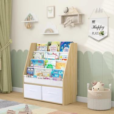 Imagem de MallBest Estante Infantil Para Livros, Suporte Para Livros Com Duas Caixas De Armazenamento E Organizador De Brinquedos, Prateleiras, Madeira Maciça Natural, Estante Para Bebês (Natural)
