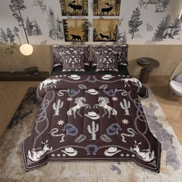 Imagem de Manfei Jogo de cama queen caubói ocidental, 7 peças, rústico tribal estrela do Texas ferradura vermelha marrom com lençol para crianças, conjunto de cama retrô com corda de fazenda, cavalos e cactos