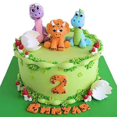 Imagem de 3 peças de topo de bolo de dinossauro para bebês, miniatura, enchimentos de cupcake de dinossauro para chá de bebê, meninos, meninas, tema de animais da floresta, decoração de festa de aniversário