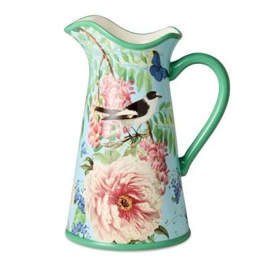 Imagem de Certified International Jarro de água grande Flora Ceramic 3,175 g e vaso decorativo com design floral, borboleta e libélula, perfeito para bebidas, flores e decoração de mesa, multicolorido