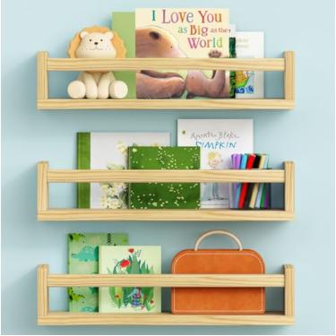 Imagem de Harwaya Prateleiras flutuantes para parede de berçário, estante de parede de madeira natural para quarto de crianças, pequena prateleira de livros de bebê de madeira e organizador de brinquedos para