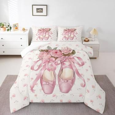 Imagem de Feelyou Conjunto de edredom de balé para crianças, meninos, meninas, bailarinas, rosa, rosa, floral, flor, conjunto de edredom de princesa, 2 peças
