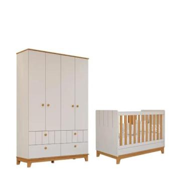 Imagem de Berço e Guarda Roupas Infantil Permobili Biscoito Retro MDF, Off White