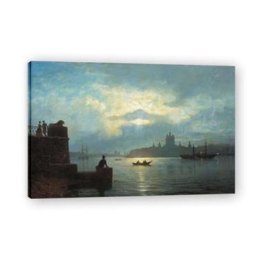Imagem de Impressões em tela famosas. "Noite iluminada pela lua no rio" de Lev Lagorio, reproduções de arte clássicas, decoração de parede moderna para sala de estar e escritório. Moldura interna de 70 x 105 cm