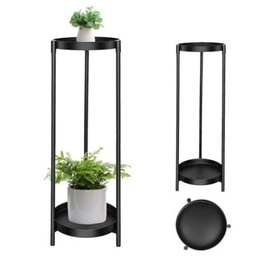 Imagem de CEFZUM Suporte Para Plantas Interno E Externo, 2 Níveis, 24" De Altura, Vasos Flores Pretos, Prateleira Metal Resistente Plantas, Redondo Várias Ferro À Prova Ferrugem Cantos Vasos, Varandas Pátios