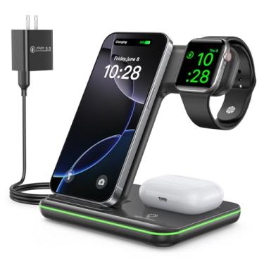 Imagem de WAITIEE Carregador sem fio 3 em 1, estação de carregamento rápido de 15 W para Apple Watch 10/9/8/Ultra 2/Ultra/SE/7/6/5/4/3/2, para AirPods 4/3/2/Pro para iPhone 16/15/14/13/Plus/Pro/Pro Max/12/11