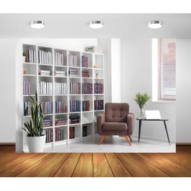 Imagem de BELECO Pano de fundo de sala de estar de 2,1 x 1,5 m, interior moderno de sala com poltrona, estante branca, fundo de reunião com zoom de escritório, fundo de videoconferência, decoração de escritório