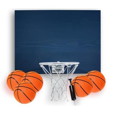 Imagem de Cali Kiwi Pros Conjunto de mini cesta de basquete e bola Elite, suporte de parede, placa de cedro feita nos EUA. Inclui aro de 23 cm, rede, bomba e 5 mini bolas de basquete. (Mavs Blue)
