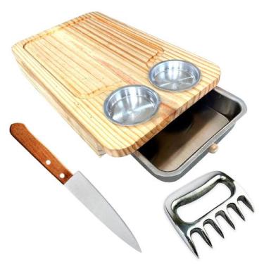 Imagem de Kit Churrasco Tábua Madeira Clara 2 Pote Faca Garra Urso - JKVERAS