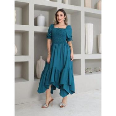 Imagem de Vestido midi de ponta liso crepinho lastex  Manga Curto - NoBrand, Azu