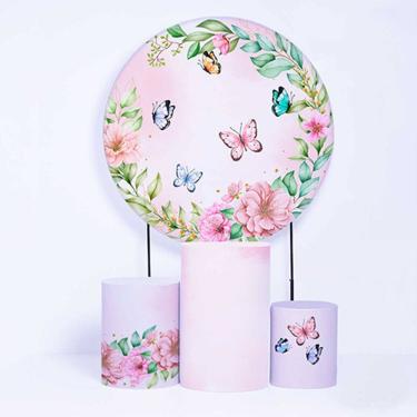 Imagem de Kit Painel de Festa Redondo de 1,30m e Trio de Cilindros Borboletas - Fera Print