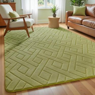 Imagem de Macgace Tapete de área verde ultramacio para sala de estar, tapetes geométricos modernos de 15 x 23 cm com suporte antiderrapante para quarto, tapete felpudo lavável para quarto infantil aconchegante