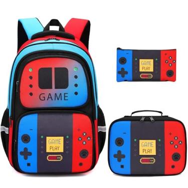 Imagem de Makukke Mochila escolar para meninos, 3 peças, conjunto de mochila gamer para crianças, adolescentes e estudantes do ensino fundamental de 6 a 18 anos (conjunto de mochila - azul e vermelha)