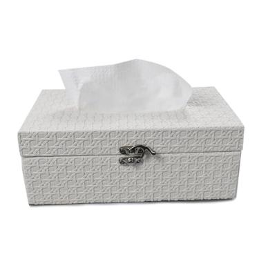 Imagem de Porta-lenços de madeira retrô com tampa - Capa retangular de couro PU para lenços faciais/organizador decorativo para decoração de cozinha, banheiro e mesa (branco perolado)