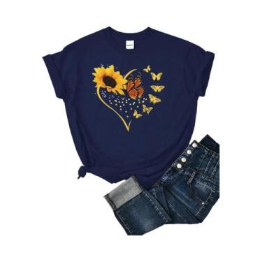 Imagem de Camisetas Femininas de Verão - Manga Curta, Estampa Girassol, Borbolet