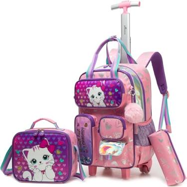 Imagem de MYHSBYO Mochila com rodinhas para meninas e meninos, com rodas, mala de viagem, Um gato rosa, 16.5"X11.8"X7.8"