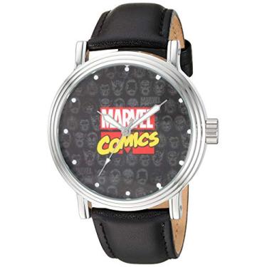 Imagem de Marvel Relógio analógico de quartzo masculino Capitão América, ferro, Homem Aranha com pulseira de couro envernizado, preto, 20 (modelo: WMA00356), Preto, Relógio de quartzo