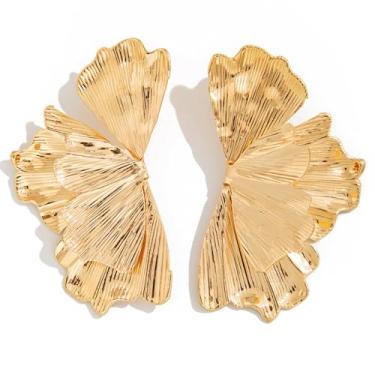 Imagem de Brincos de flor dourados, brincos de borla de folha de ginkgo biloba, brincos grandes de metal, brincos boêmios, pétalas em camadas, joia floral para mulheres, Large, Zinco, Liga metálica.