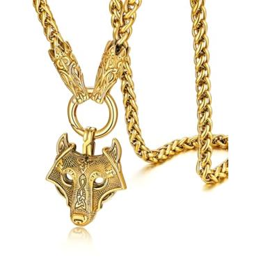 Imagem de ChainsHouse Joias nórdicas viking masculinas, cabeça de lobo/martelo Thor/pingente de cruz de nó celta com corrente grossa de 71 cm, colar de aço inoxidável/preto/dourado, caixa de presente enviada